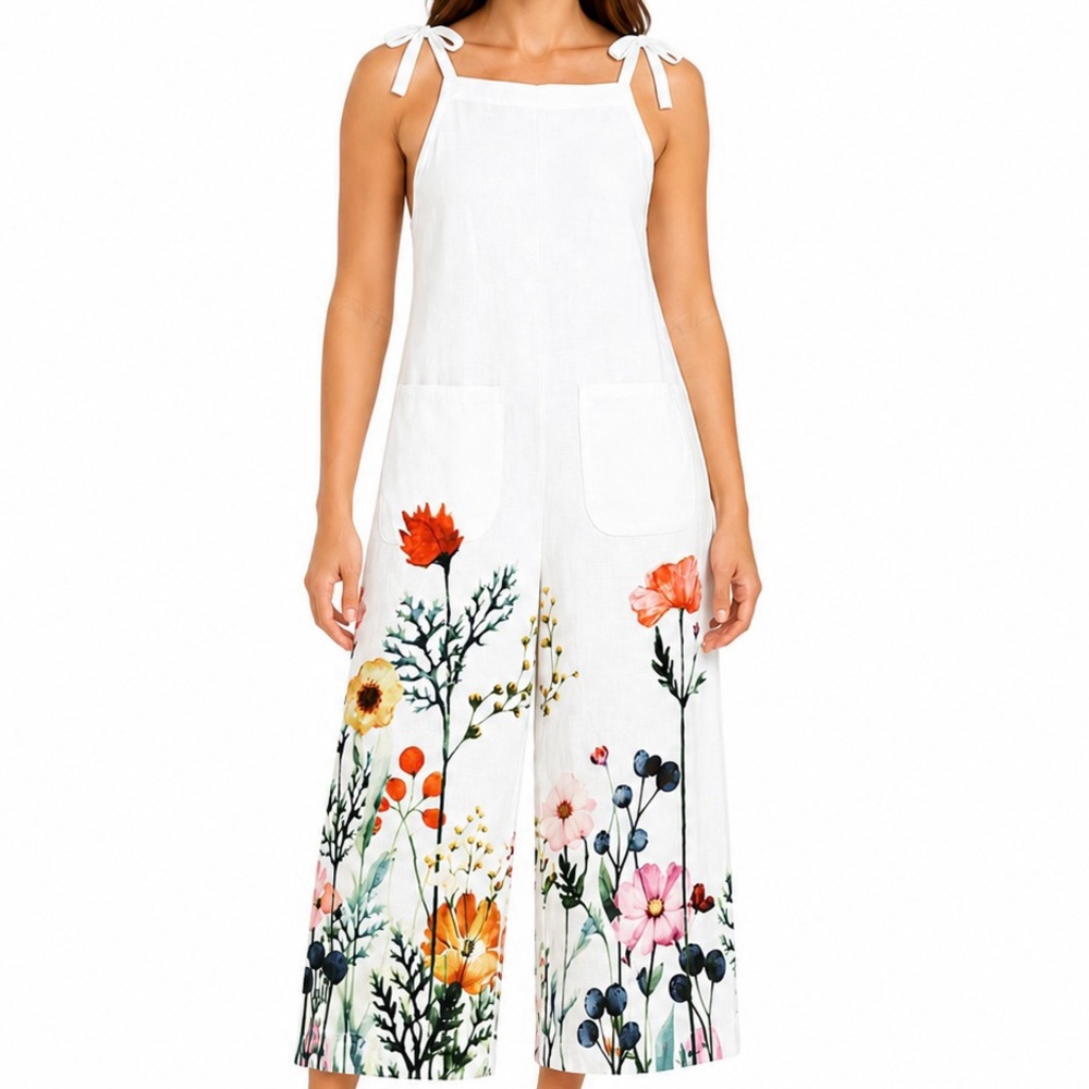White Floral Tie-Strap Jumpsuit – XL